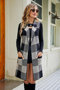 Plaid Open Front Sleeveless Cardigan with Pockets Trandify deal