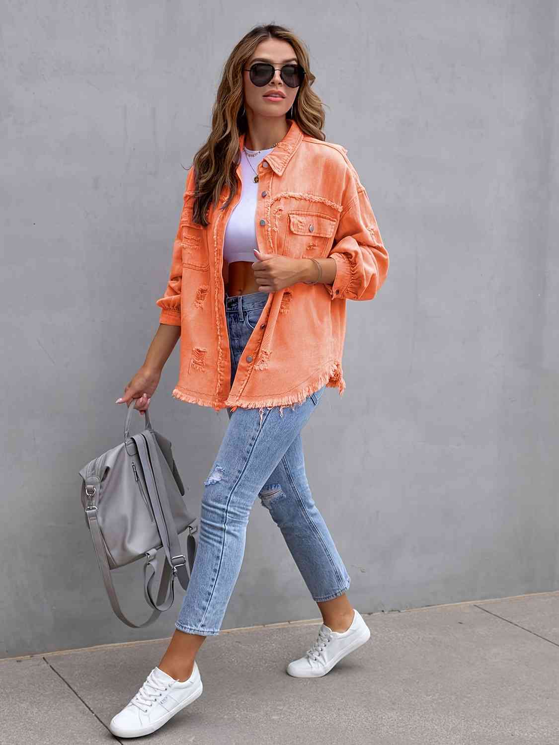 Distressed Drop Shoulder Denim Jacket - Trandify Deal