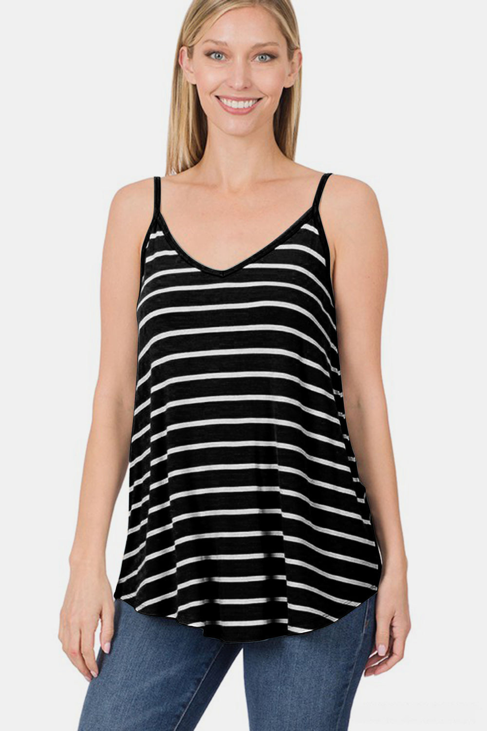 Zenana Striped V-Neck Curved Hem Cami Trandify deal