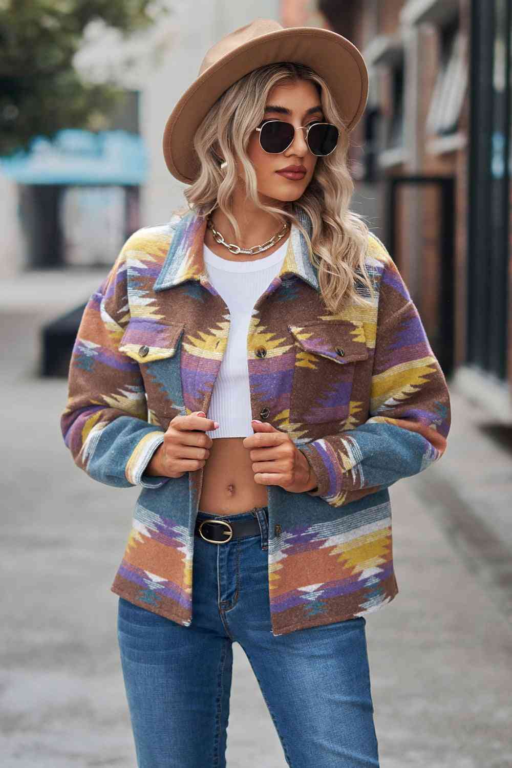 Printed Collared Neck Jacket Trandify deal