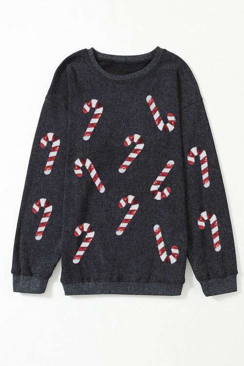 Sequin Candy Cane Round Neck Sweatshirt - Trandify Deal