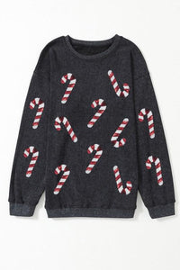 Sequin Candy Cane Round Neck Sweatshirt - Trandify Deal
