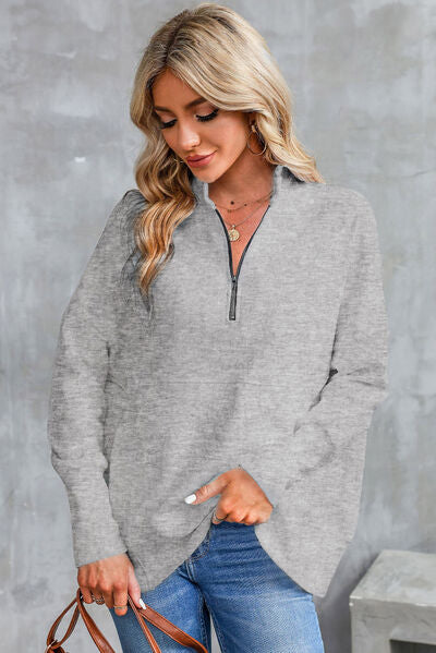 Half Zip Pocketed Dropped Shoulder Sweatshirt Trandify deal
