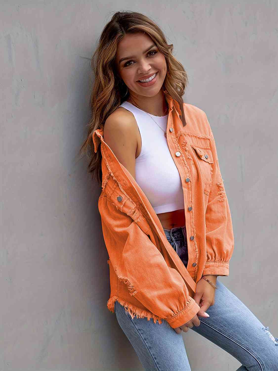 Distressed Drop Shoulder Denim Jacket - Trandify Deal