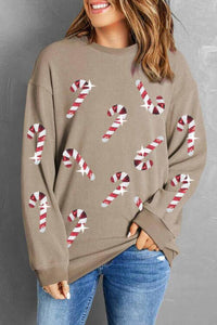 Sequin Candy Cane Round Neck Sweatshirt - Trandify Deal