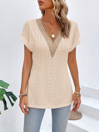 Slit Eyelet V-Neck Short Sleeve Blouse Trandify deal