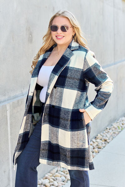 Double Take Full Size Plaid Button Up Lapel Collar Coat Trandify deal
