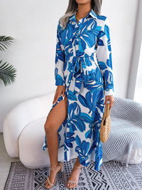 Tied Button Up Long Sleeve Dress Trendsi