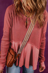 Notched Neck Long Sleeve Slit Blouse Trandify deal