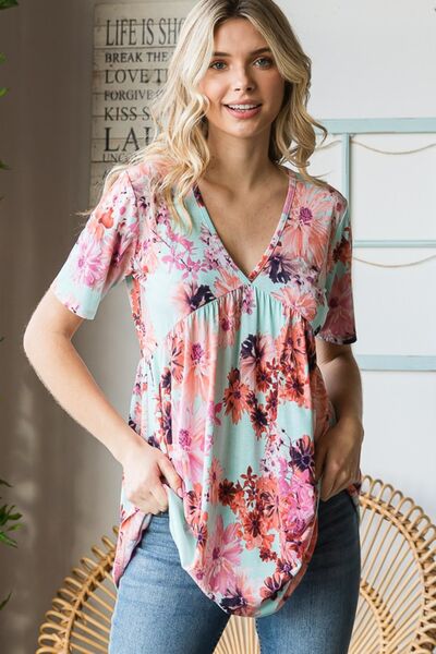 Heimish Full Size Floral V-Neck Short Sleeve Babydoll Blouse Trandify deal