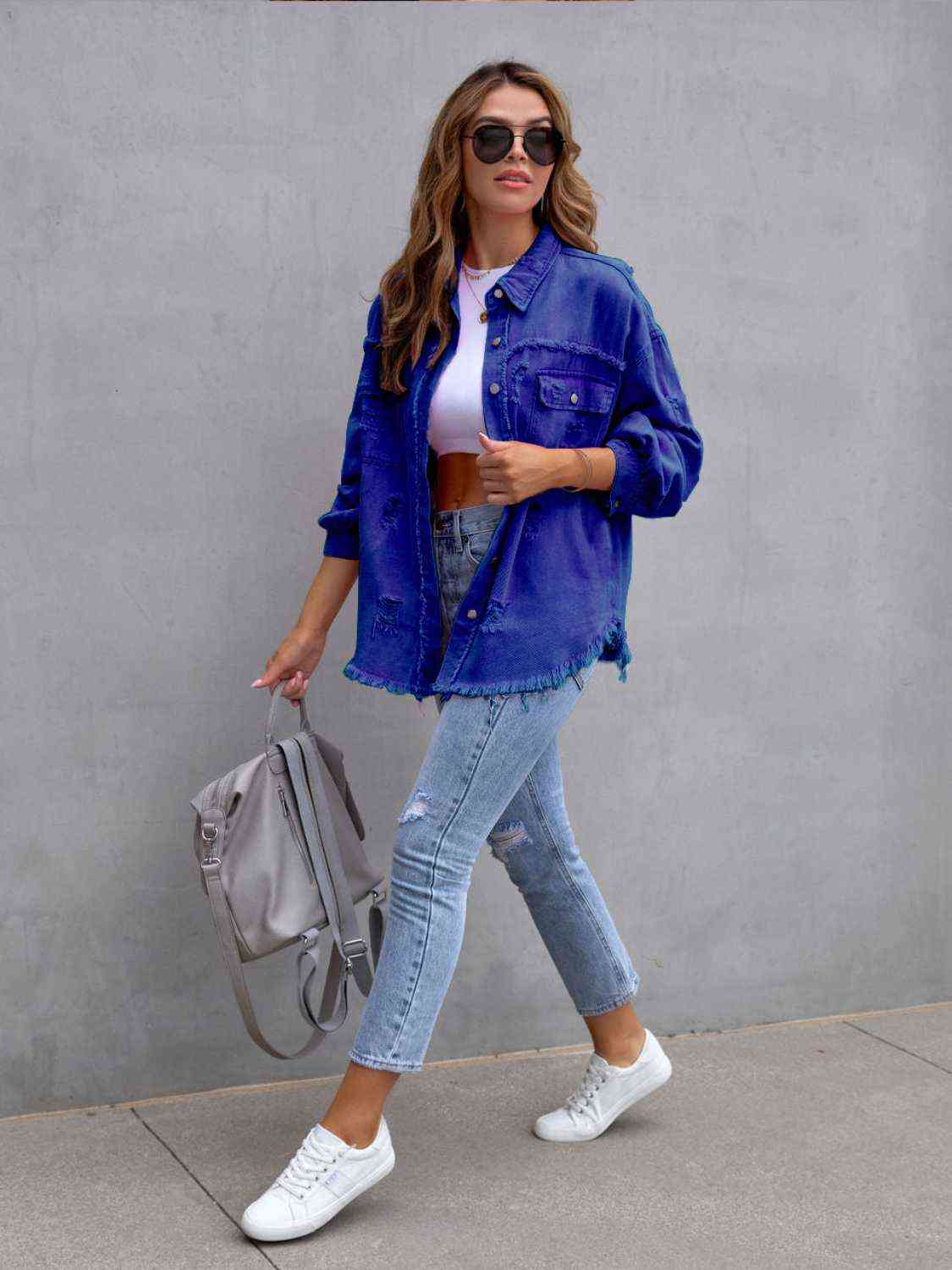 Distressed Drop Shoulder Denim Jacket - Trandify Deal