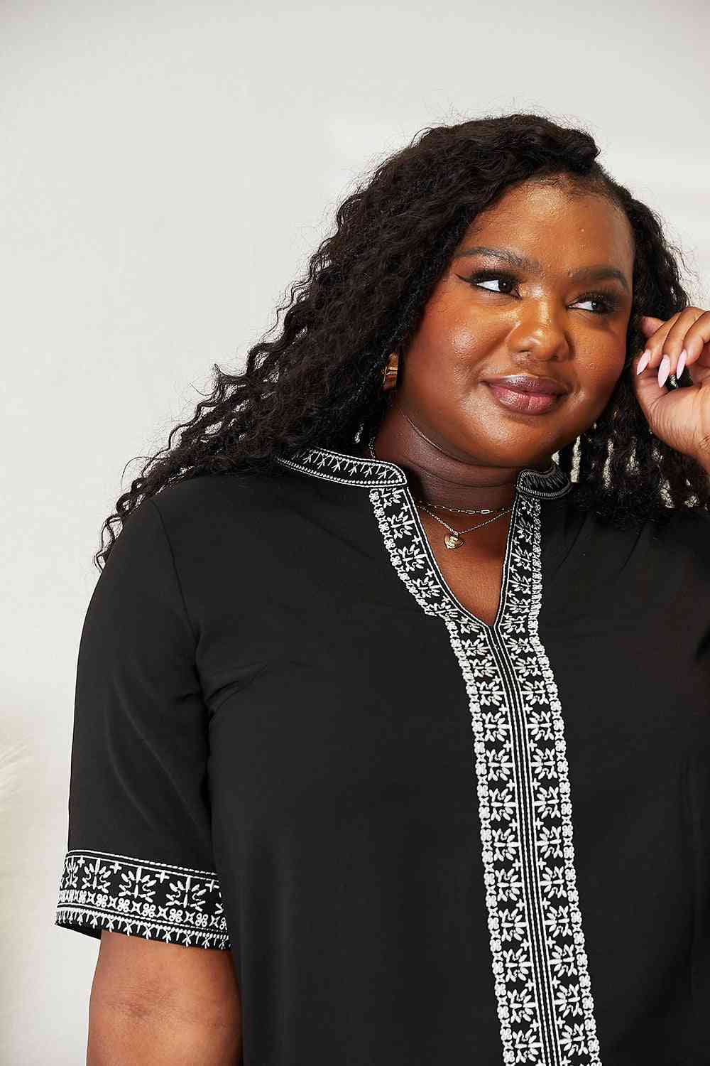 Double Take Embroidered Notched Neck Top Trandify deal