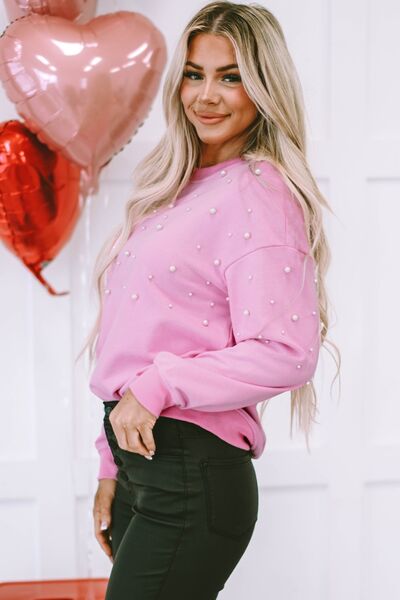 Pearl Round Neck Dropped Shoulder Sweatshirt Trandify deal