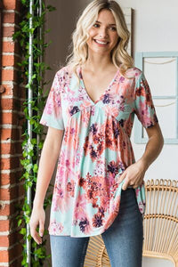Heimish Full Size Floral V-Neck Short Sleeve Babydoll Blouse Trandify deal