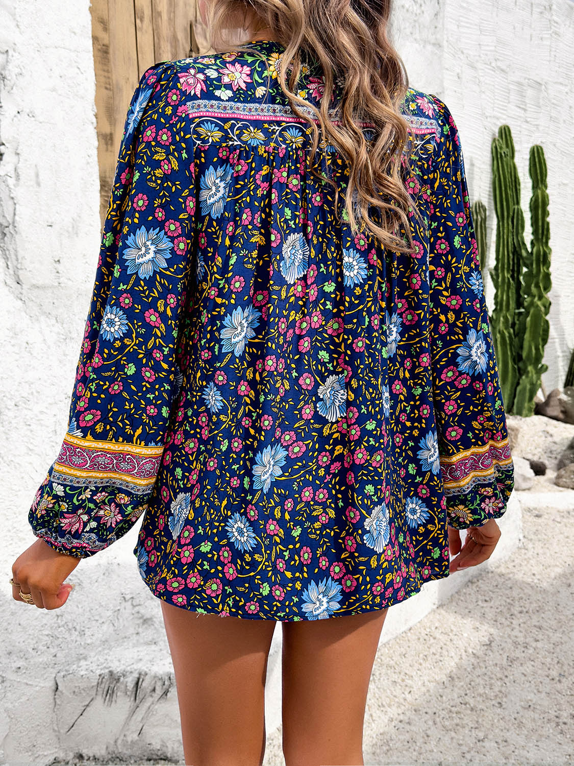 Devine Printed Tie Neck Long Sleeve Blouse Trandify deal