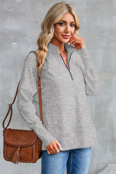 Half Zip Pocketed Dropped Shoulder Sweatshirt Trandify deal