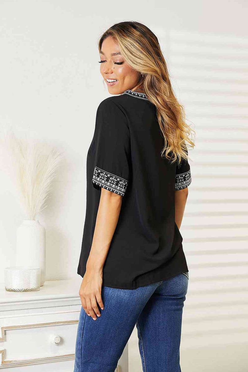Double Take Embroidered Notched Neck Top Trandify deal