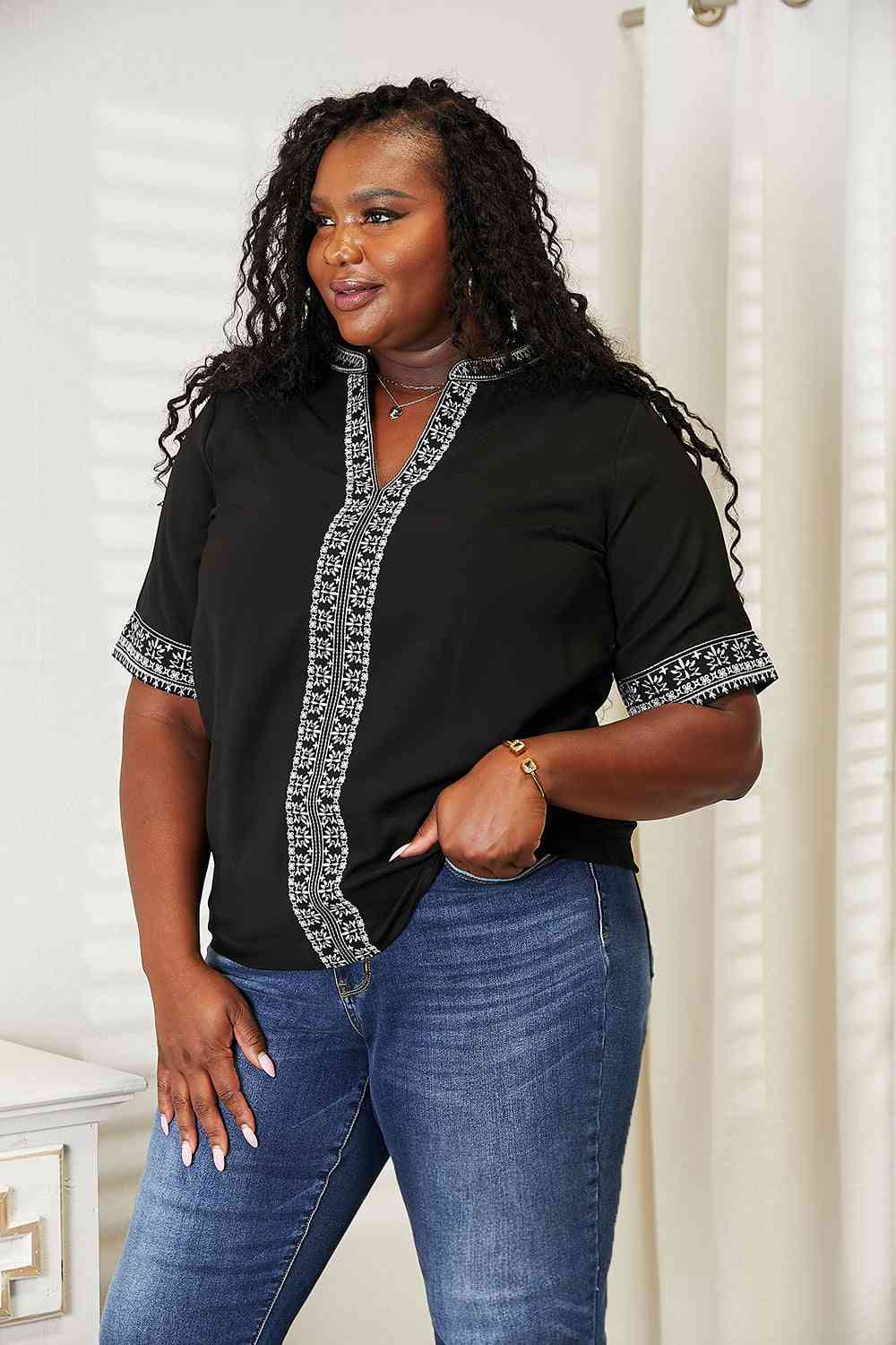 Double Take Embroidered Notched Neck Top Trandify deal
