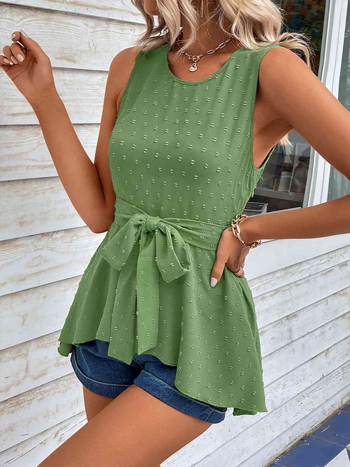 Swiss Dot Tie Waist Tank Top Trandify deal