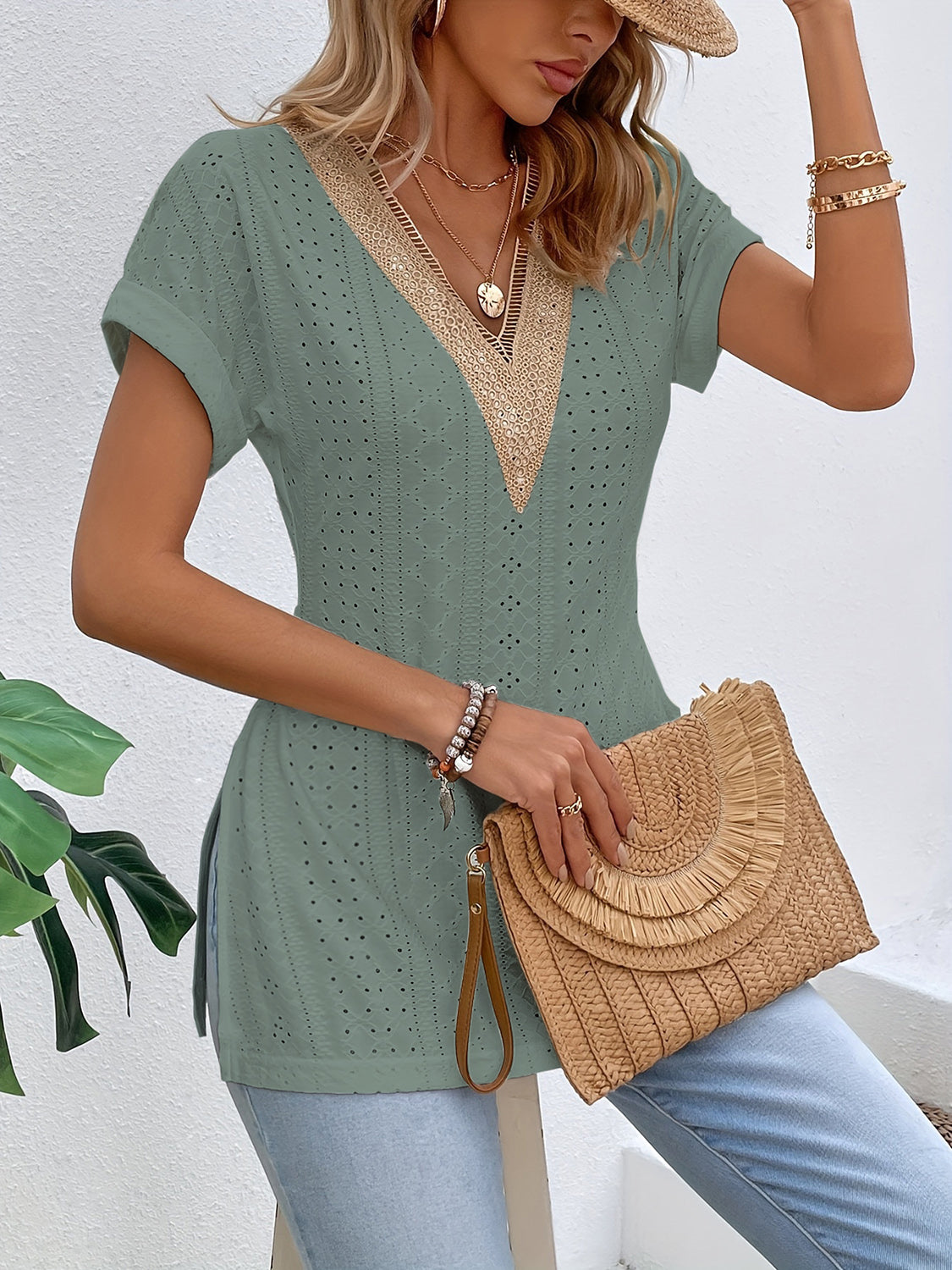 Slit Eyelet V-Neck Short Sleeve Blouse Trandify deal
