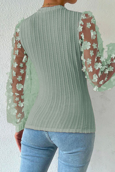 Double Take Textured Applique Long Sleeve Blouse Trandify deal