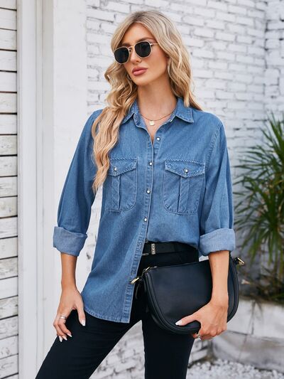 Button Up Collared Neck Denim Jacket Trandify deal