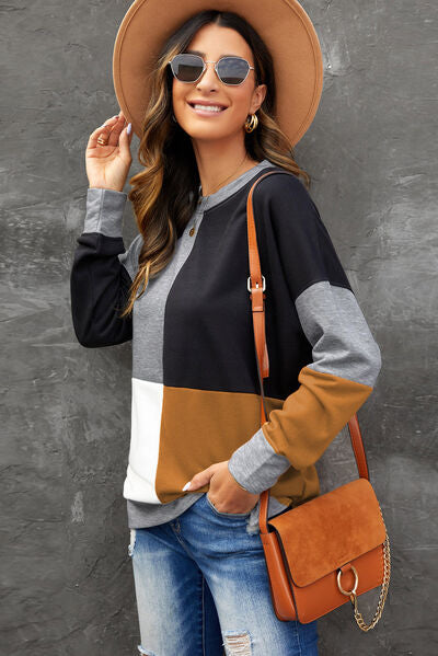 Color Block Round Neck Sweatshirt Trandify deal