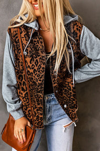 Leopard Distressed Drawstring Hooded Denim Jacket Trandify deal