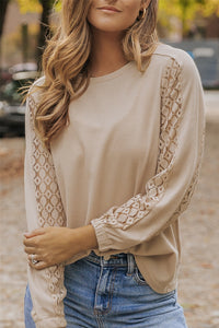 Waffle-Knit Round Neck Long Sleeve Blouse Trandify deal