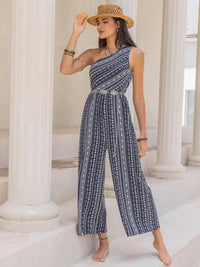 Printed Single Shoulder Sleeveless Jumpsuit Trandify deal