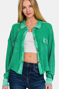 Zenana Waffle-Knit Button Up Dropped Shoulder Jacket Trandify deal