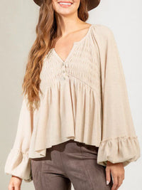 Notched Balloon Sleeve Peplum Blouse Trandify deal