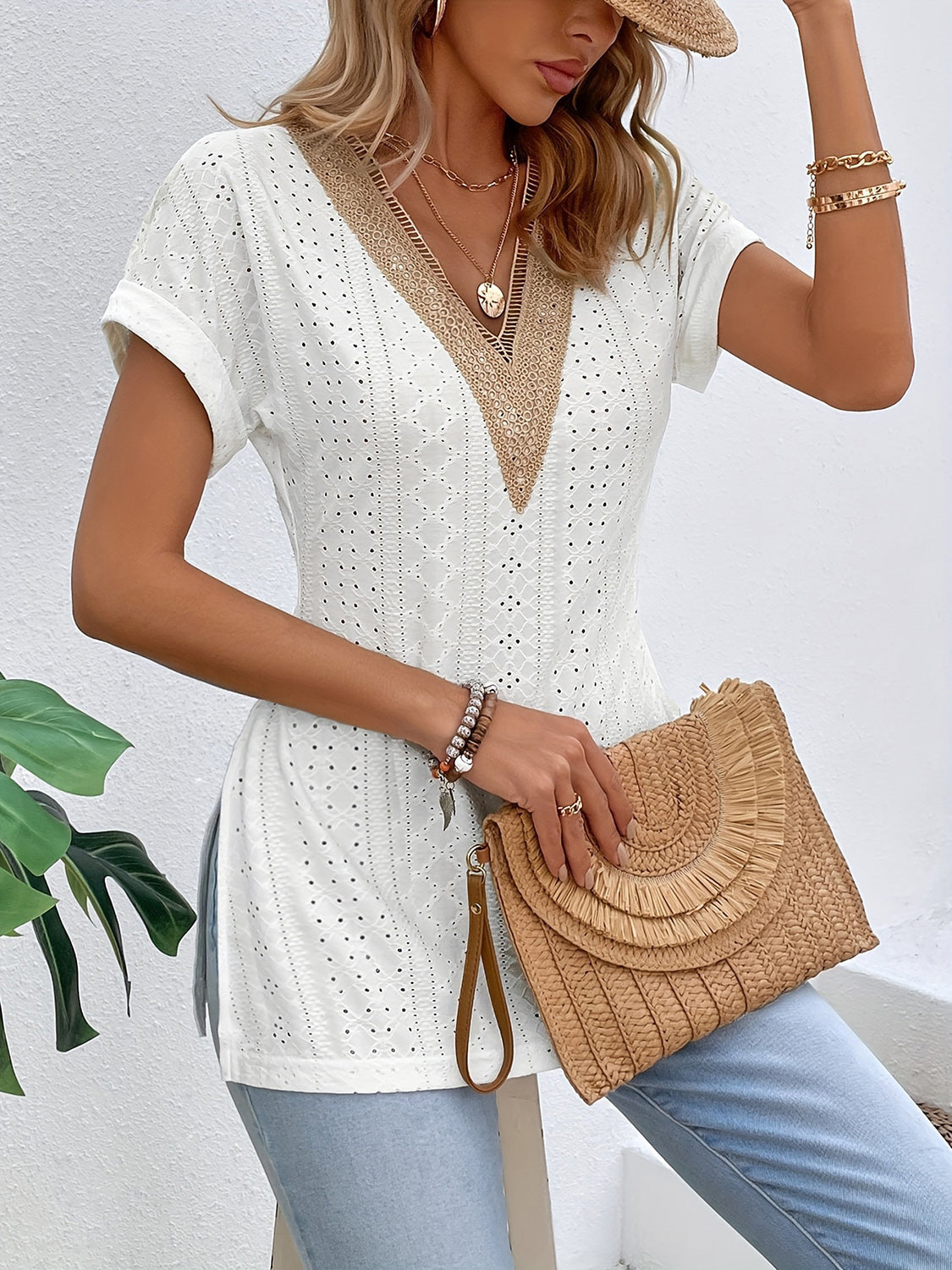 Slit Eyelet V-Neck Short Sleeve Blouse Trandify deal