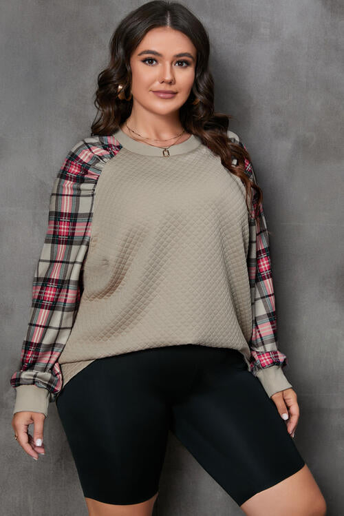 Plus Size Plaid Round Neck Long Sleeve Sweatshirt - Trandify Deal