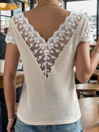 Lace Detail V-Neck Short Sleeve Blouse Trandify deal