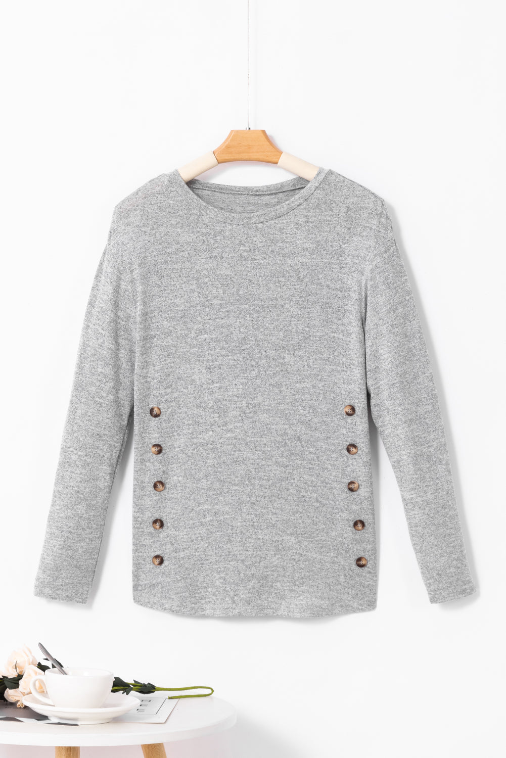Decorative Button Round Neck Long Sleeve Top Trandify deal