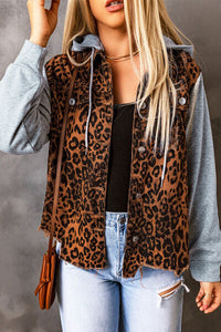 Leopard Distressed Drawstring Hooded Denim Jacket Trandify deal
