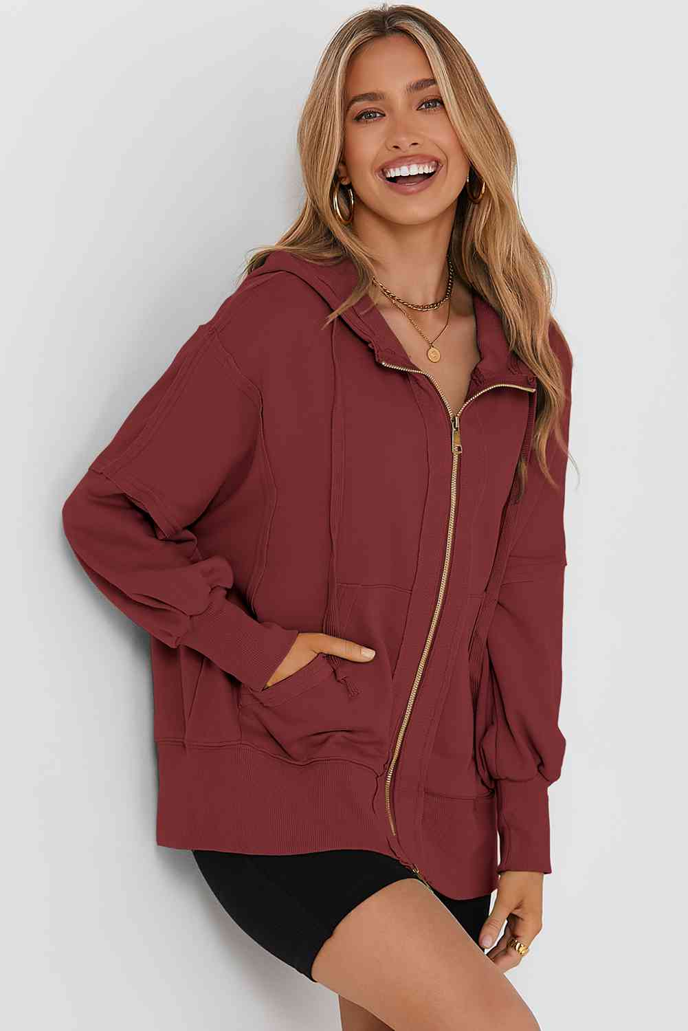 Zip Up Long Sleeve Drawstring Hoodie Trandify deal
