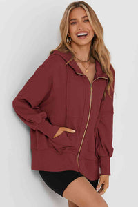 Zip Up Long Sleeve Drawstring Hoodie Trandify deal