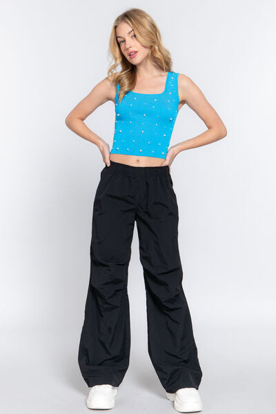 ACTIVE BASIC Pearl Detail Square Neck Cropped Tank Trandify deal
