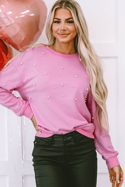 Pearl Round Neck Dropped Shoulder Sweatshirt Trandify deal