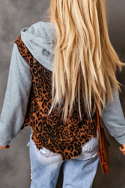 Leopard Distressed Drawstring Hooded Denim Jacket Trandify deal