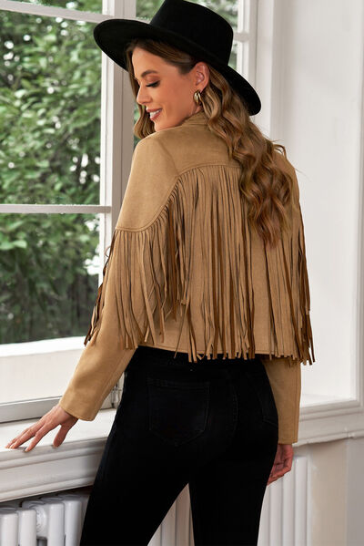 Fringe Trim Lapel Collar Cropped Blazer - Trandify Deal