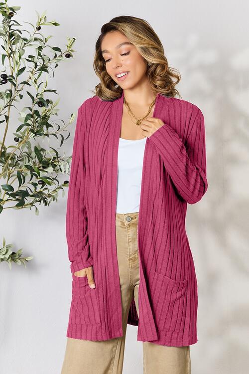 Basic Bae Full Size Ribbed Open Front Cardigan with Pockets Trandify deal