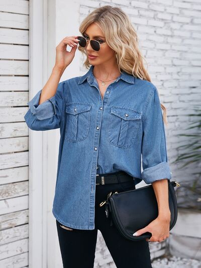 Button Up Collared Neck Denim Jacket Trandify deal