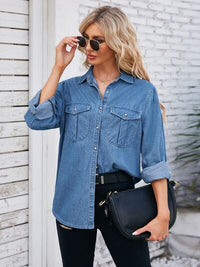 Button Up Collared Neck Denim Jacket Trandify deal