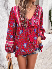Devine Printed Tie Neck Long Sleeve Blouse Trandify deal