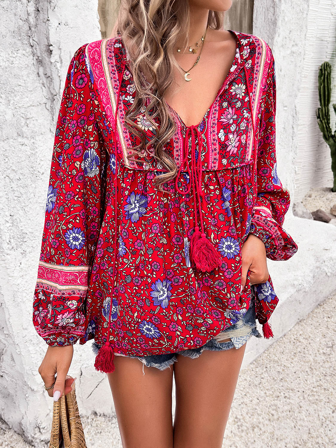 Devine Printed Tie Neck Long Sleeve Blouse Trandify deal