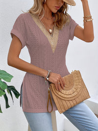 Slit Eyelet V-Neck Short Sleeve Blouse Trandify deal