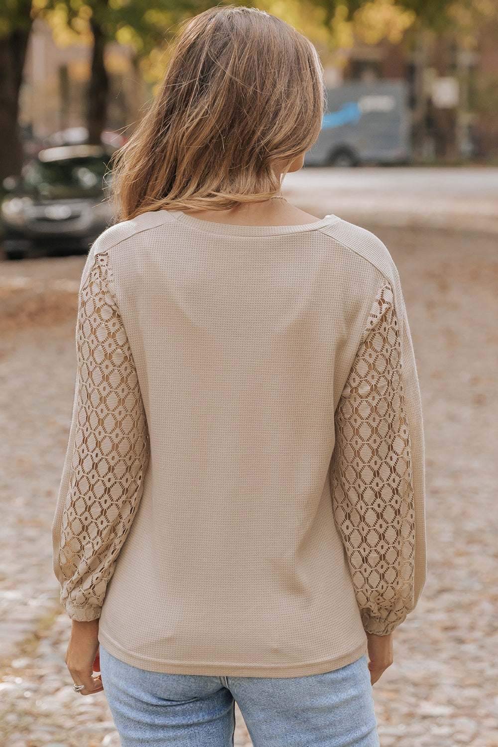 Waffle-Knit Round Neck Long Sleeve Blouse Trandify deal
